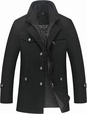 chouyatou Men's Gentle Layered Collar Single Breasted Quilted Lined Wool Blend Pea Coats