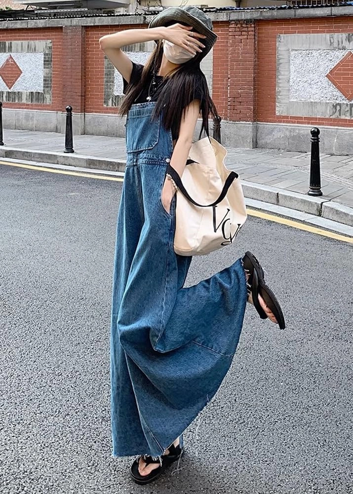 chouyatou Women's Adjustable Strap Distressed Denim Overall Dress A-Line Back Split Pinafore Bib Jean Dress