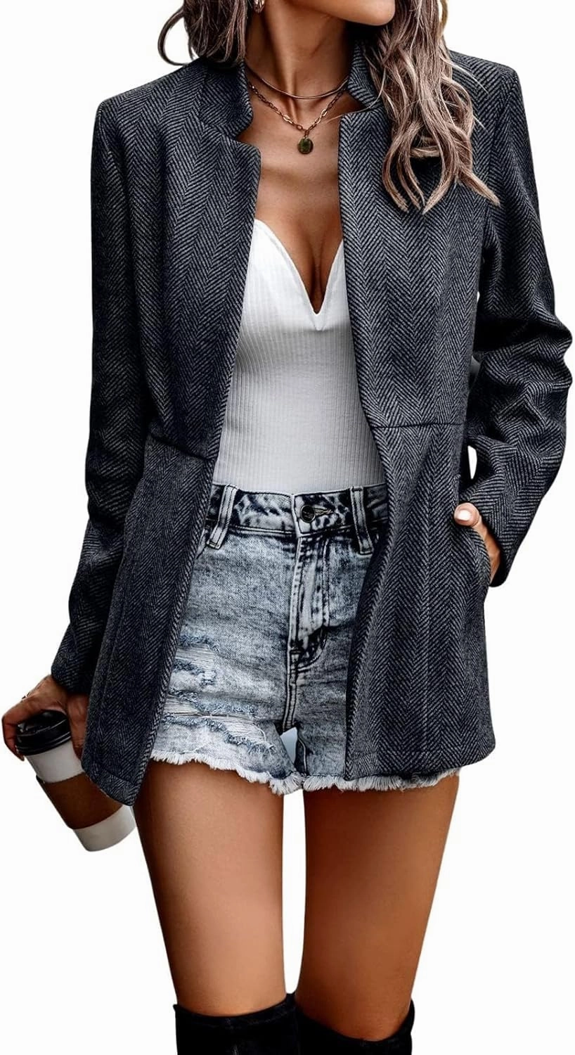 chouyatou Women's Casual Business Open Front Long Sleeve Notch Lapel Office Blazer Jacket