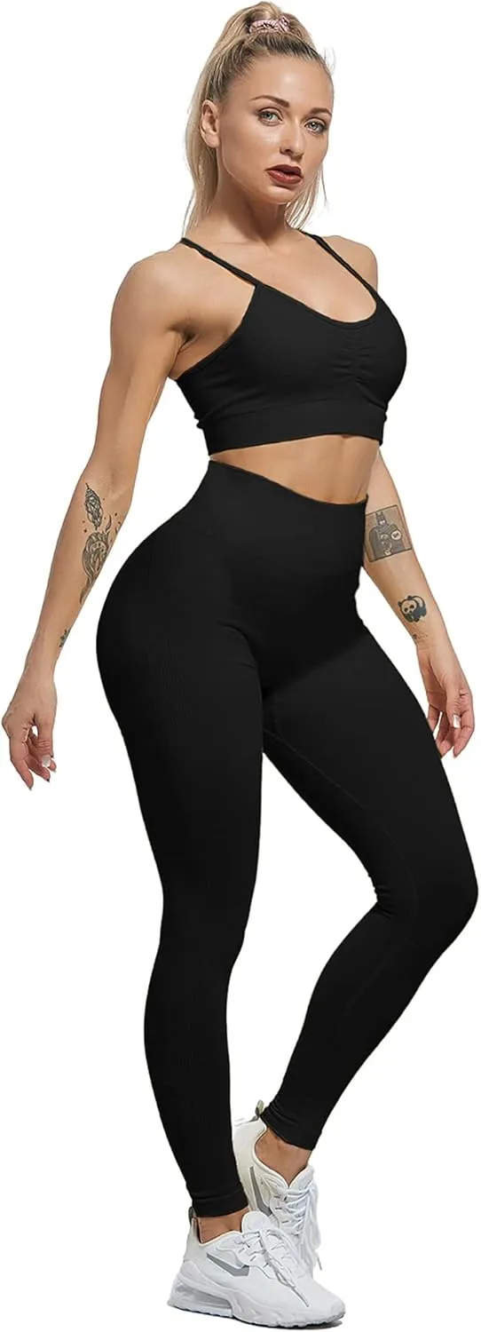 CHRLEISURE 3 Piece Workout Leggings Sets for Women, Gym Scrunch Butt Butt Lifting Seamless Leggings