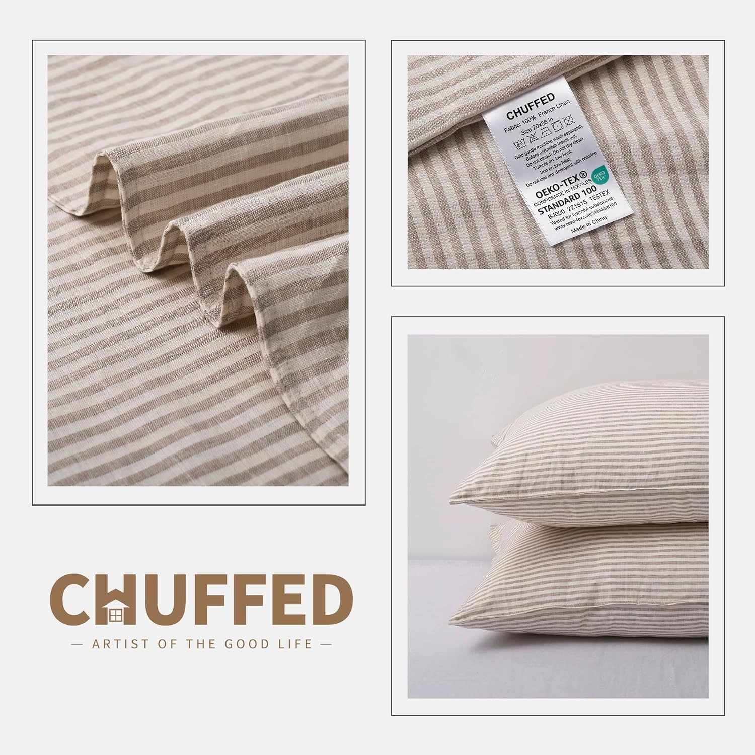 CHUFFED Linen Pillowcases 2 Pack 100% Linen Standard Pillow Cases, Breathable and Cooling Washed Pillowshams with Zipper Closure, 20x30 Inches,Dyed Stripe