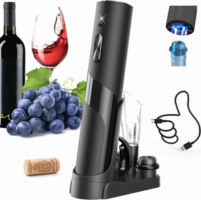 CIRCLE JOY Rechargeable Wine Opener Electric Wine Bottle Opener 7-in-1 Wine Gift Set with Electric Vacuum Pump, Charging Station, Foil Cutter, Wine Aerator Pourer and 2 Wine Stoppers