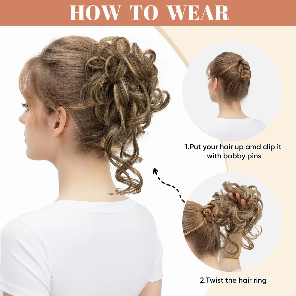 CJL HAIR 2PCS Messy Bun Hair Pieces Wavy Curly Synthetic Updo Chignon Fake Scrunchies Ponytail Extension for Women Bernstein Multi