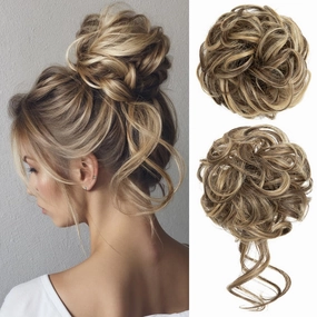 CJL HAIR 2PCS Messy Bun Hair Pieces Wavy Curly Synthetic Updo Chignon Fake Scrunchies Ponytail Extension for Women Bernstein Multi