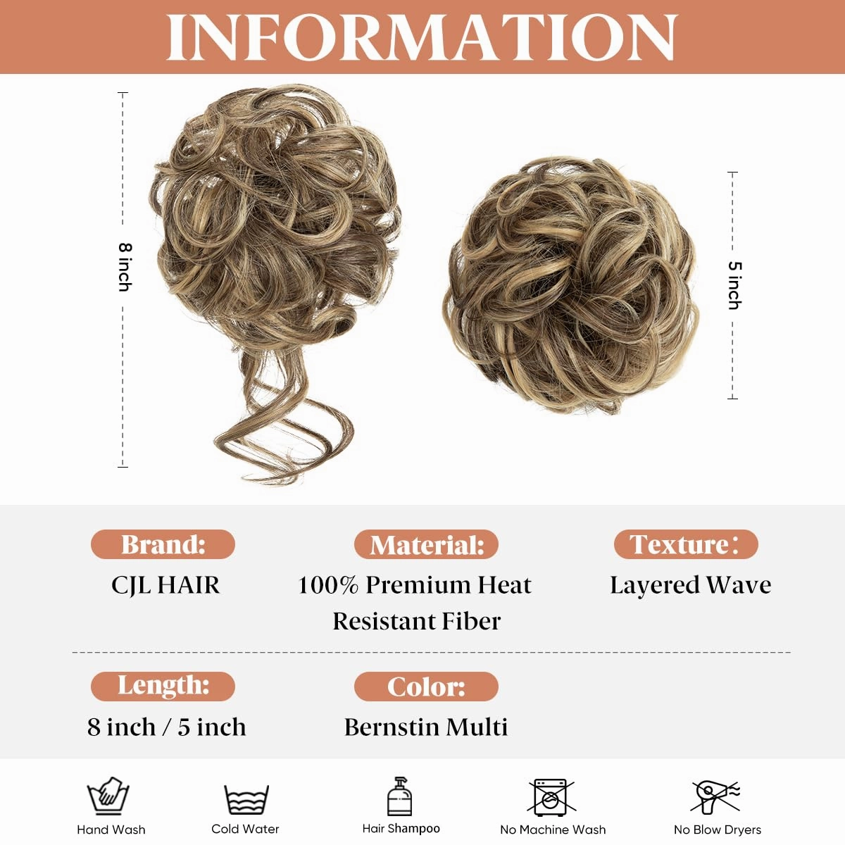 CJL HAIR 2PCS Messy Bun Hair Pieces Wavy Curly Synthetic Updo Chignon Fake Scrunchies Ponytail Extension for Women Bernstein Multi