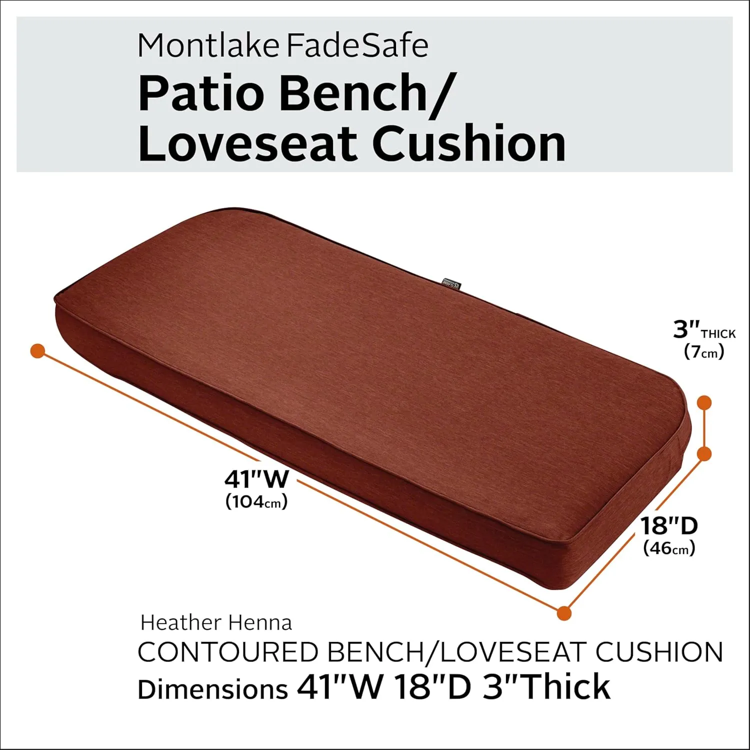 Classic Accessories 62-016-HHENNA-EC Contoured Bench Cushion, 41"W x 18"D x 3"Thick, Heather Henna