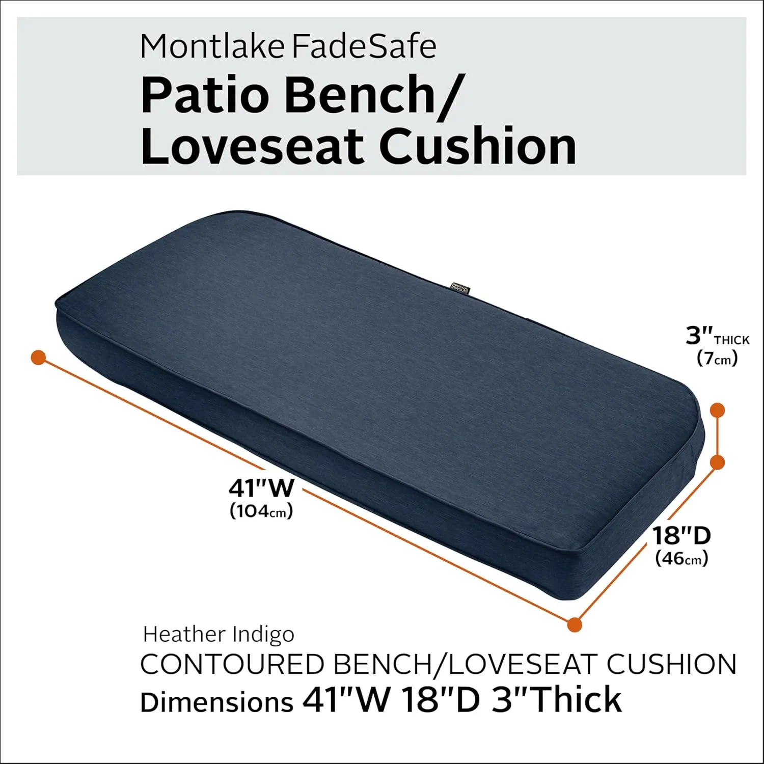 Classic Accessories 62-016-INDIGO-EC Contoured Bench Cushion Indgo, 41"W x 18"D x 3"Thick, Heather Indigo