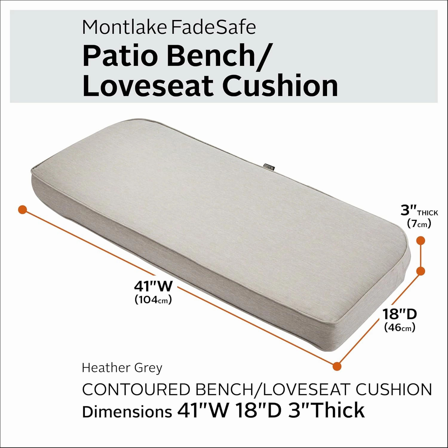 Classic Accessories 62-016-HGREY-EC Contoured Bench Cushion Combo, 41"W x 18"D x 3"Thick, Heather Grey