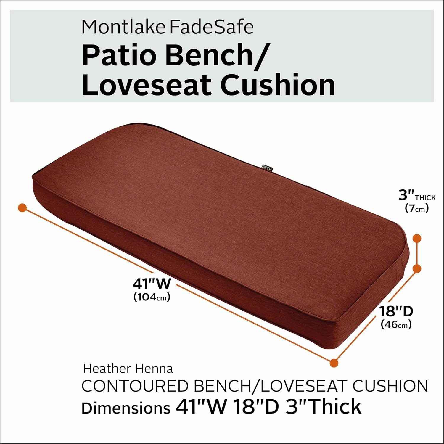 Classic Accessories 62-016-HHENNA-EC Contoured Bench Cushion, 41"W x 18"D x 3"Thick, Heather Henna