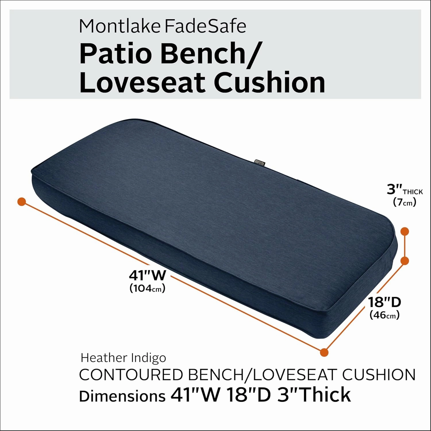 Classic Accessories 62-016-INDIGO-EC Contoured Bench Cushion Indgo, 41"W x 18"D x 3"Thick, Heather Indigo