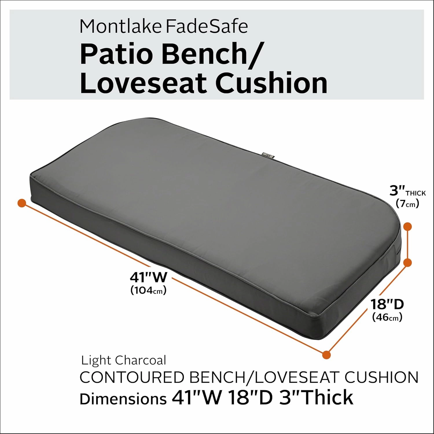 Classic Accessories 62-016-LCHARC-EC Contoured Bench Cushion Combo, 41"W x 18"D x 3"Thick, Light Charcoal
