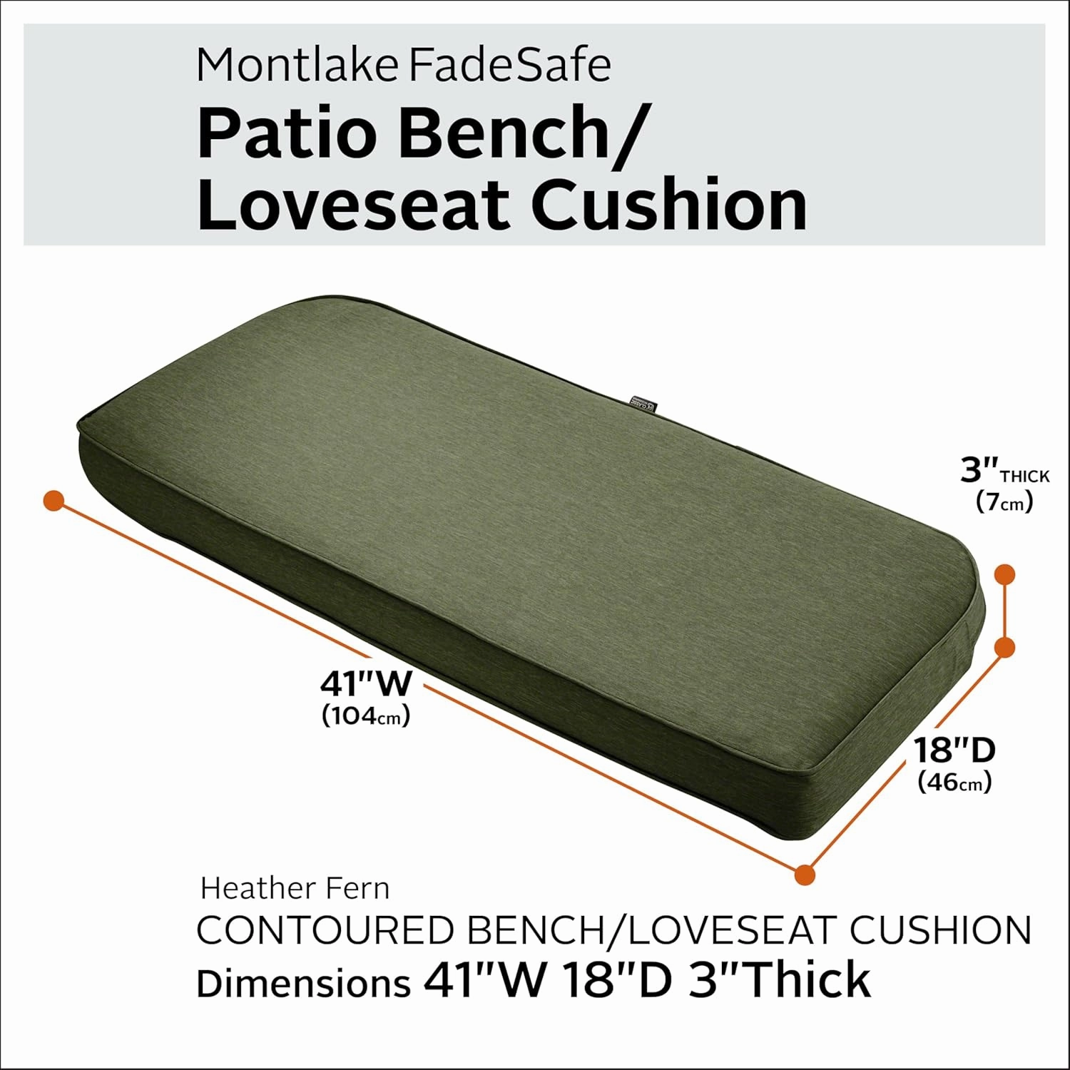 Classic Accessories Montlake FadeSafe Water-Resistant 41 x 18 x 3 Inch Outdoor Bench/Settee Contoured Back Cushion, Patio Furniture Swing Cushion, Heather Fern Green, Patio Loveseat Cushion