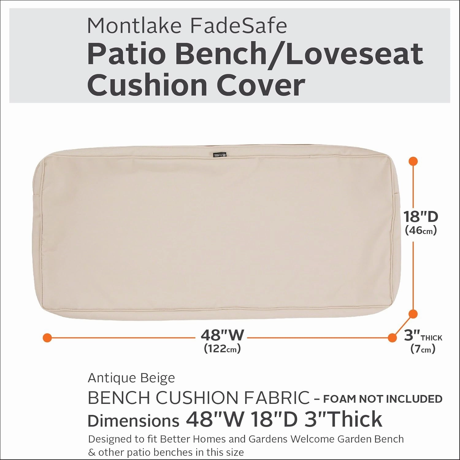 Classic Accessories Montlake Water-Resistant 48 x 18 x 3 Inch Outdoor Bench/Settee Cushion Slip Cover, Patio Furniture Swing Cushion Cover, Antique Beige, Patio Furniture Cushion Covers