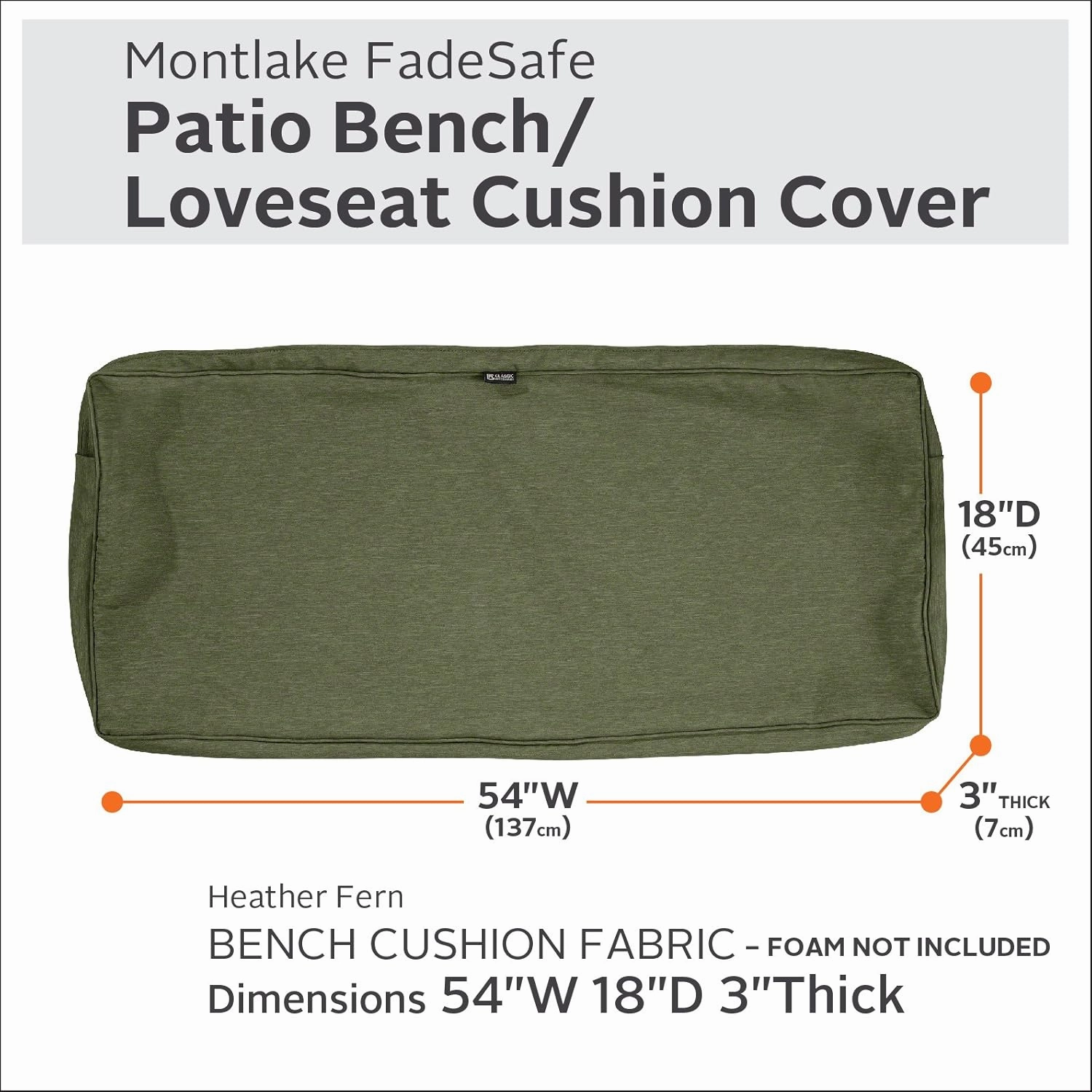 Classic Accessories Montlake Water-Resistant 54 x 18 x 3 Inch Outdoor Bench/Settee Cushion Slip Cover, Patio Furniture Swing Cushion Cover, Heather Fern Green, Patio Furniture Cushion Covers