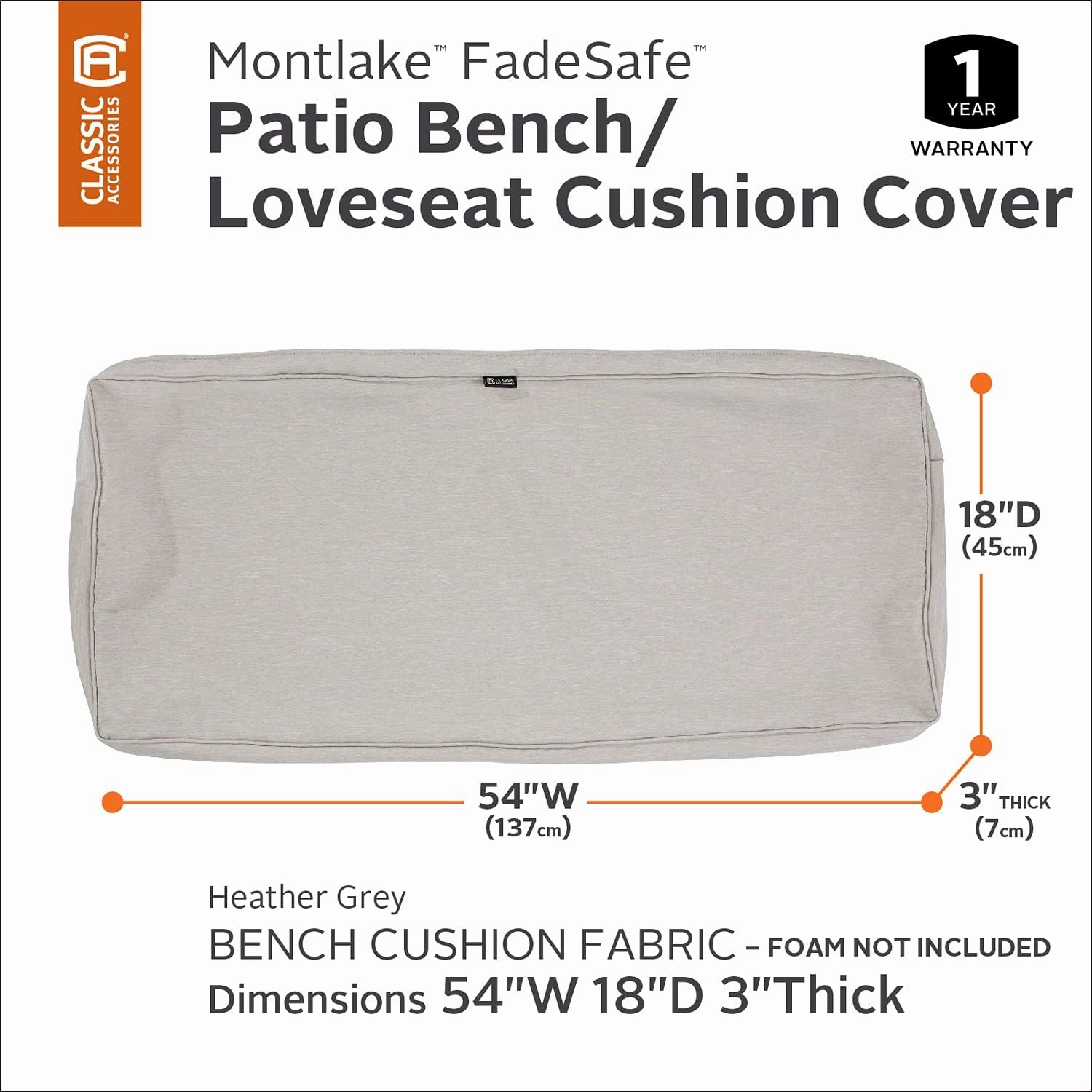 Classic Accessories Montlake Water-Resistant 54 x 18 x 3 Inch Outdoor Bench/Settee Cushion Slip Cover, Patio Furniture Swing Cushion Cover, Heather Grey, Patio Furniture Cushion Covers