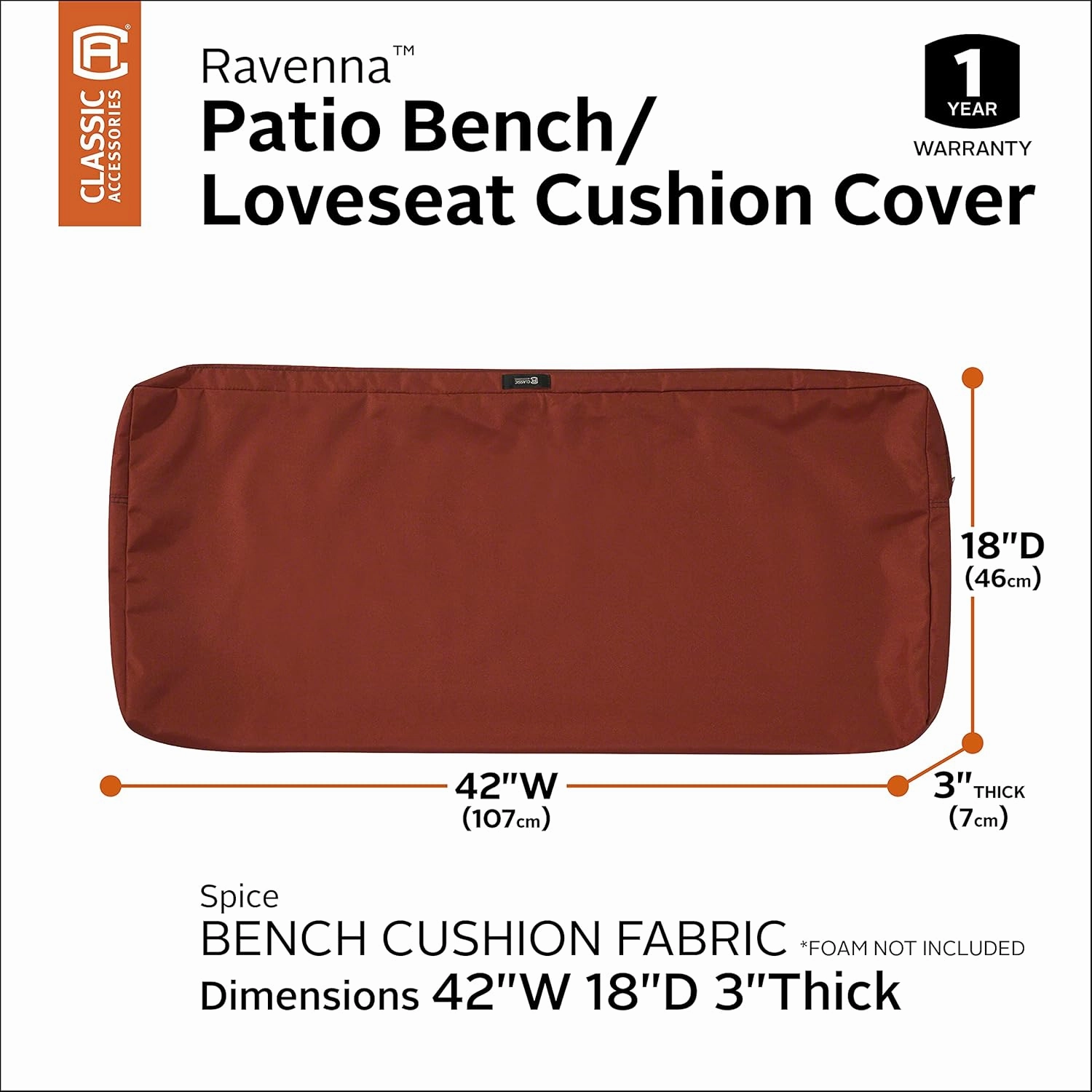 Classic Accessories Ravenna Water-Resistant 42 x 18 x 3 Inch Outdoor Bench/Settee Cushion Slip Cover, Patio Furniture Swing Cushion Cover, Spice, Patio Furniture Cushion Covers