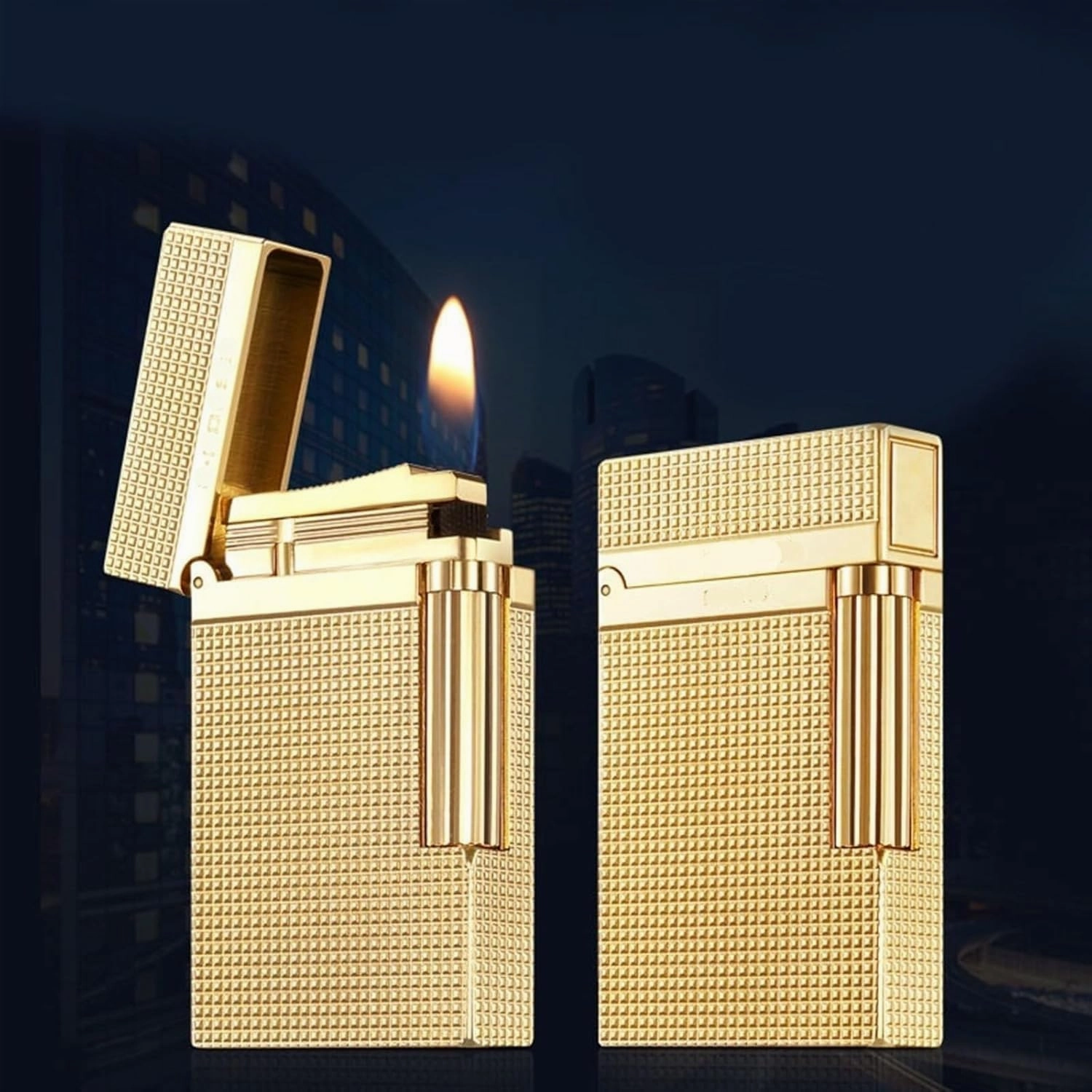 Classic Brass Butane Lighter, Flint Side Slide Igniter, Refillable Lighter, Metal Windproof Lighter, Classic Flame Flip Top Lighter, Gift for Men(Gold)