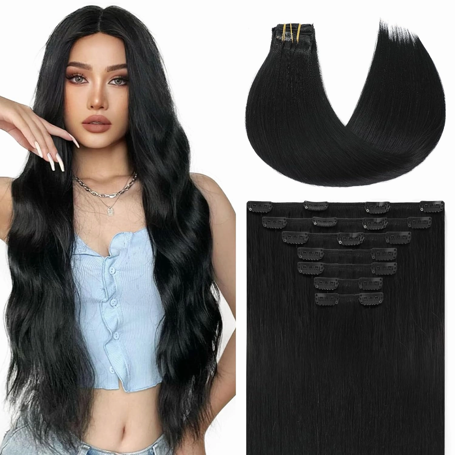 Clip in Hair Extensions Human Hair,Real Human Hair Extensions Clip in for Women,Double Drawn, Thick End, 16 Inch 140g 7pcs,#1 Color Jet Black (7C#1-16Inch)