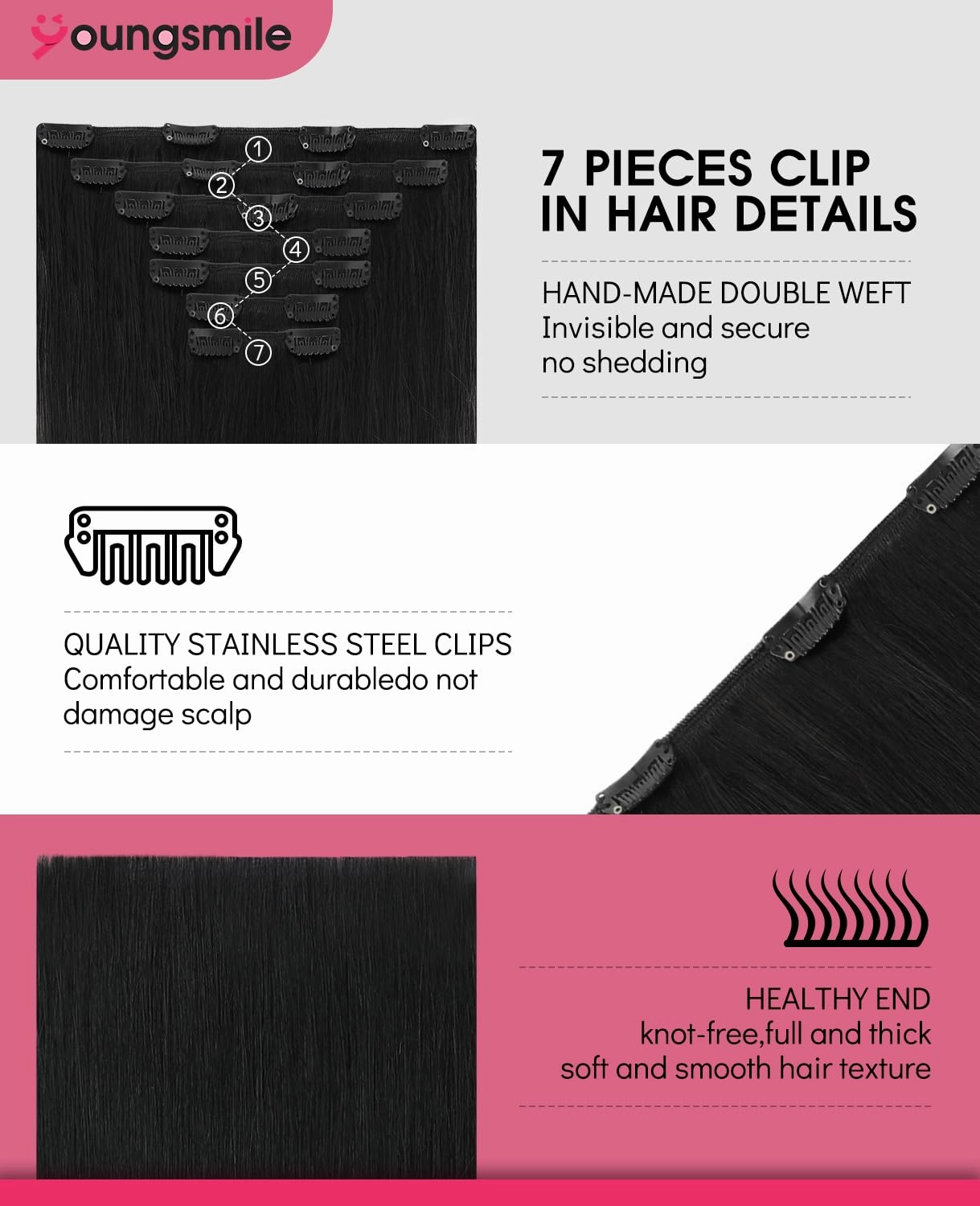 Clip in Hair Extensions Human Hair,Real Human Hair Extensions Clip in for Women,Double Drawn, Thick End, 16 Inch 140g 7pcs,#1 Color Jet Black (7C#1-16Inch)