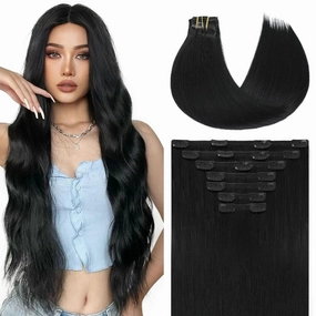Clip in Hair Extensions Human Hair,Real Human Hair Extensions Clip in for Women,Double Drawn, Thick End, 16 Inch 140g 7pcs,#1 Color Jet Black (7C#1-16Inch)