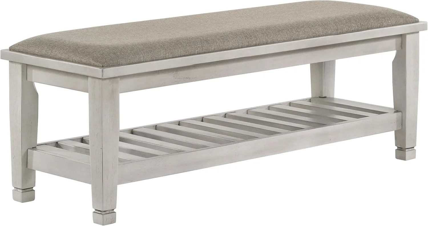 Coaster Home Furnishings - Franco - Upholstered Bench with Soft Seat Cushion, Beveled Edges, and Lower Storage Shelf - Farmhouse - Bedroom and Entryway - Distressed White - 205337