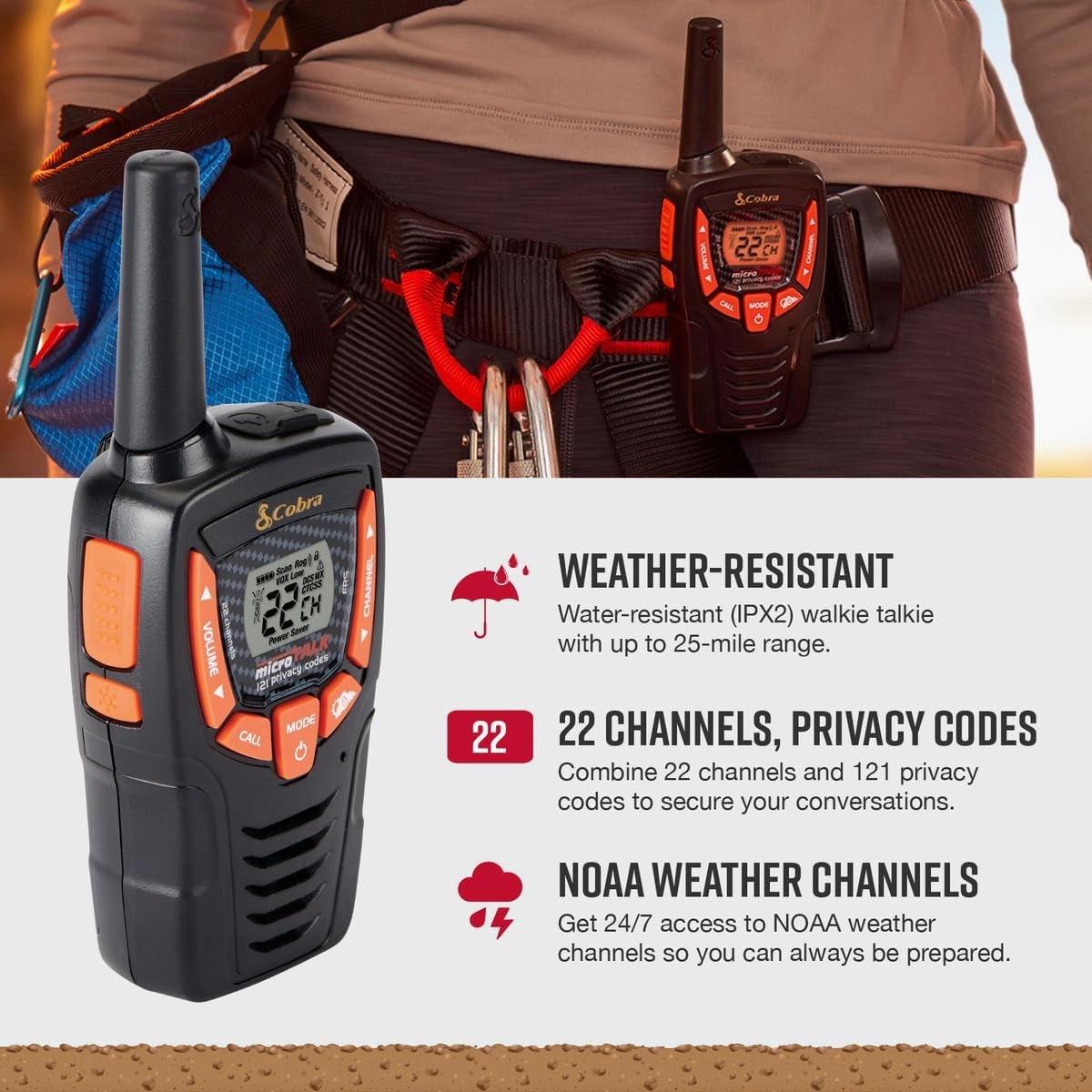 Cobra ACXT345 Weather-Resistant Walkie Talkies - Rechargeable, 22 Channels, Long Range 25-Mile Two-Way Radio Set (2-Pack)