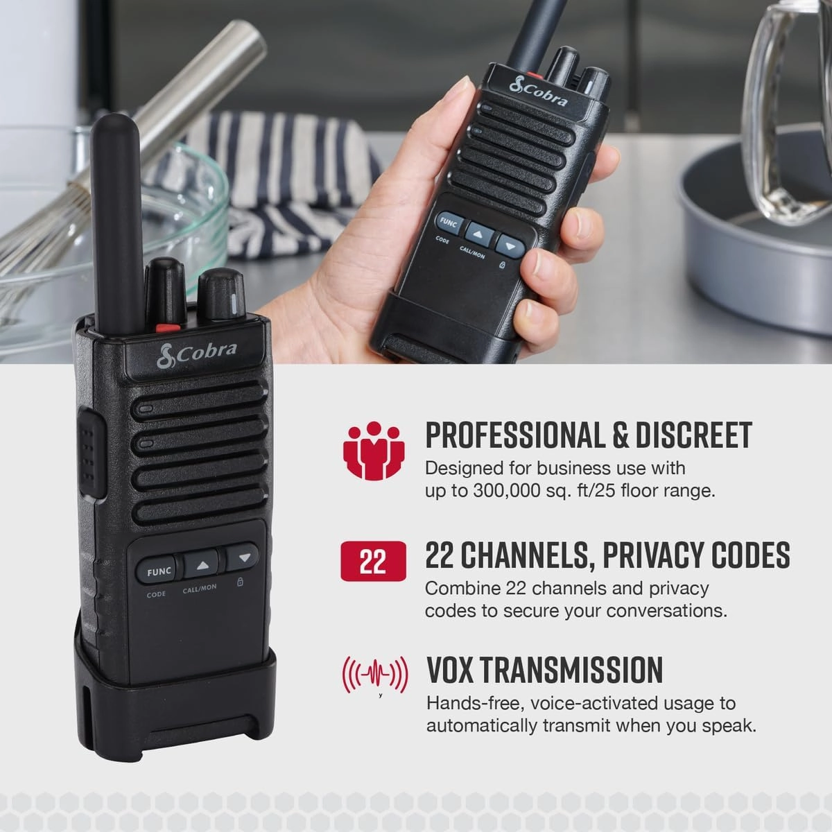 Cobra PX650 - Professional/Business Walkie Talkies - Rechargeable, 300,000 sq. ft/25 Floor Range, Dust Protected and Splashproof (IP54 rating), Two-Way Radio Set (2-Pack)