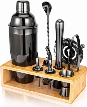 Cocktail Shaker Set, Mixology Bartender Kit 10-Piece Bar Tool Set with Stylish Bamboo Stand, Bar kit: Matini Shaker Mixing Spoon Muddler Jigger Cocksrew for Barware Set | Black