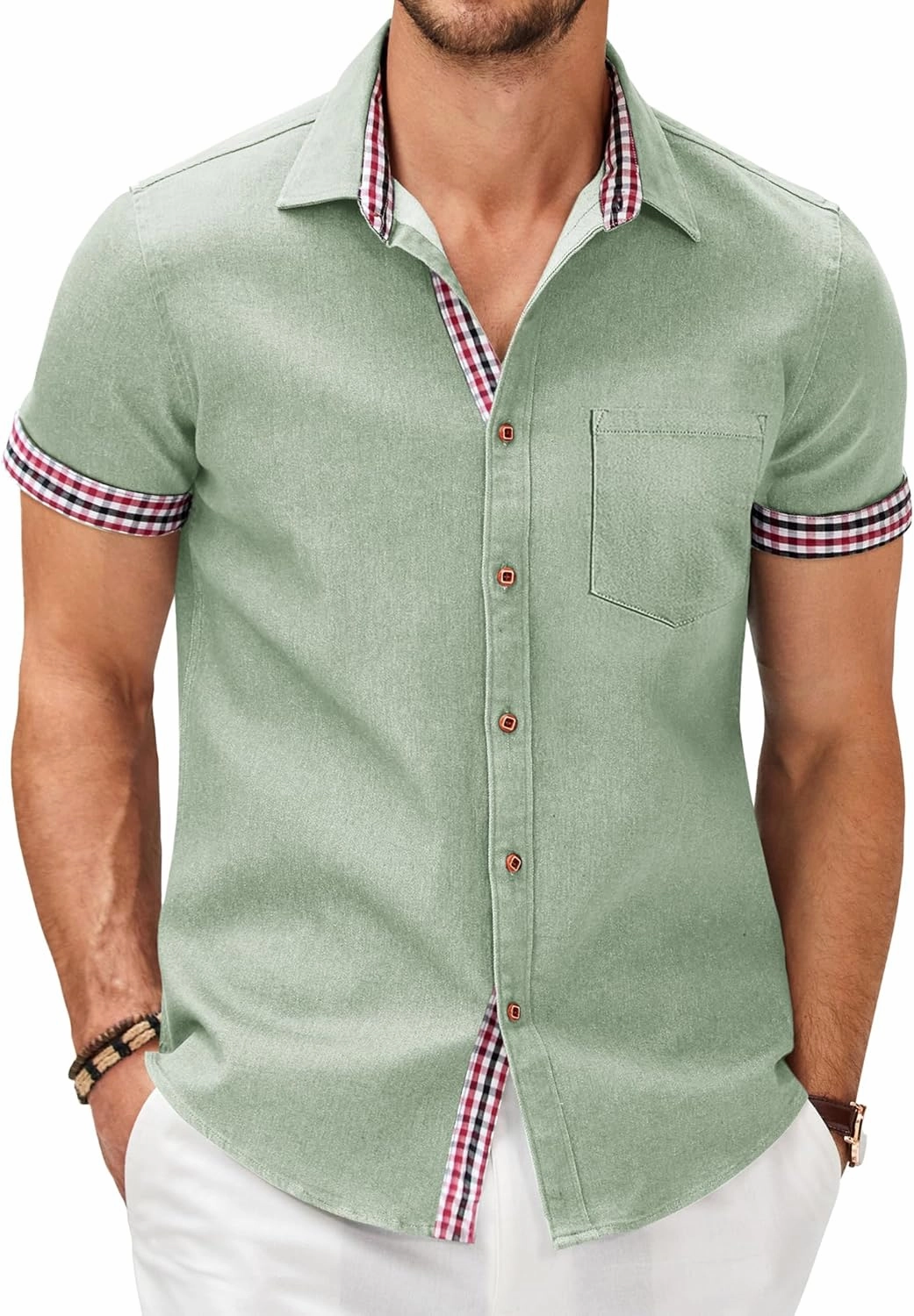 COOFANDY Men's Casual Cotton Short Sleeve Button Down Dress Shirt Plaid Collar Denim Work Shirts