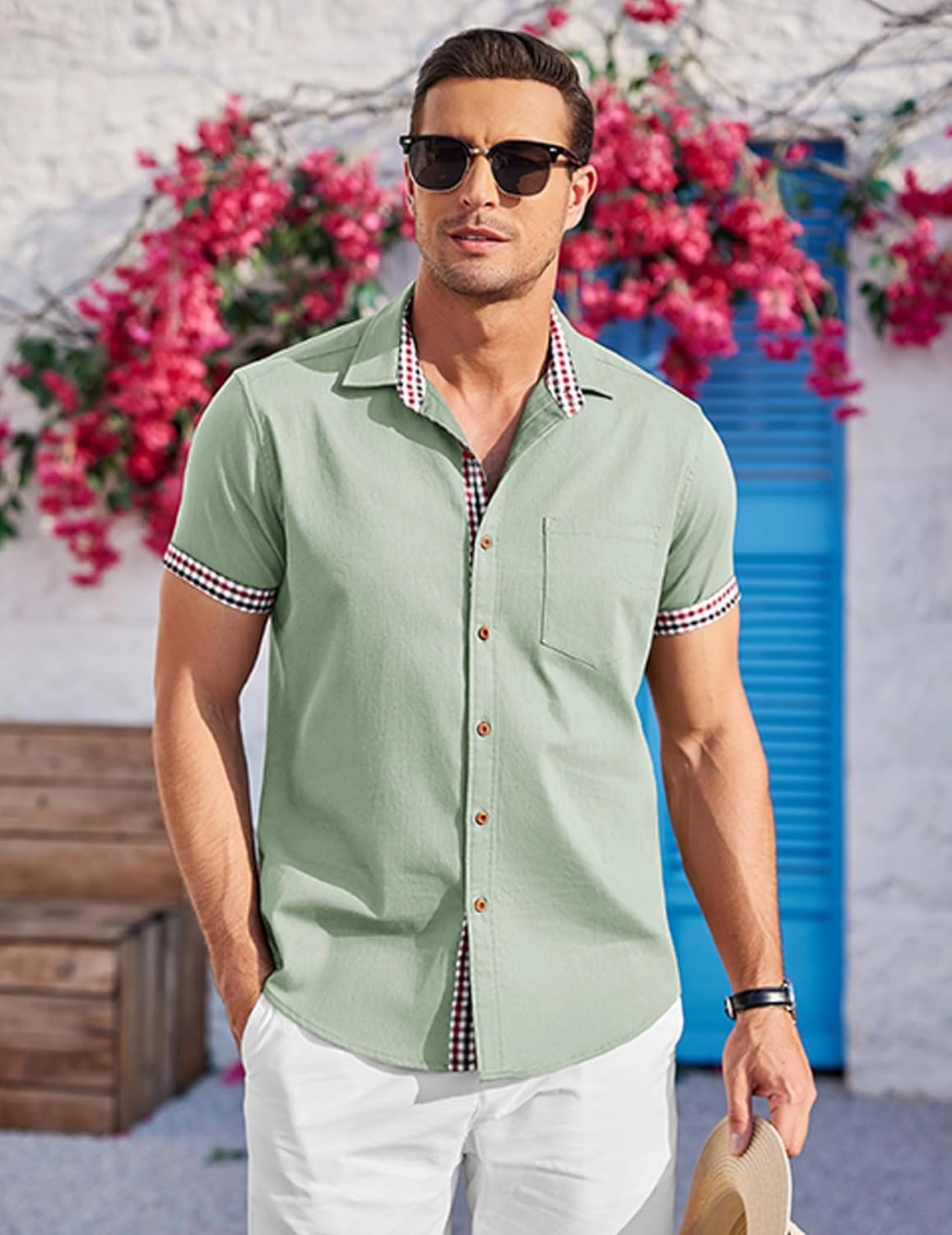COOFANDY Men's Casual Cotton Short Sleeve Button Down Dress Shirt Plaid Collar Denim Work Shirts