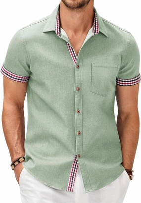 COOFANDY Men's Casual Cotton Short Sleeve Button Down Dress Shirt Plaid Collar Denim Work Shirts