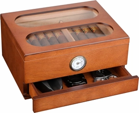 COOL KNIGHT Cigar Humidor with Front Hygrometer, Humidifier and Accessory Drawers-Tempered Glass Top Cigar Humidor Box - Spanish Cedar Humidor-Desktop Humidor That can Hold 20-35 Cigars.