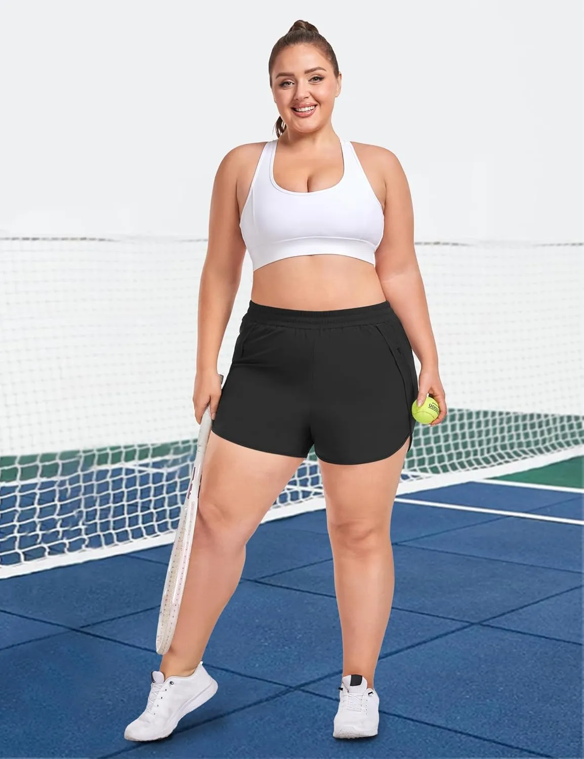 COOTRY Women's Athletic Shorts Plus Size High Waisted Quick Dry Gym Running Workout Clothes with Zip Pockets 3 Inch