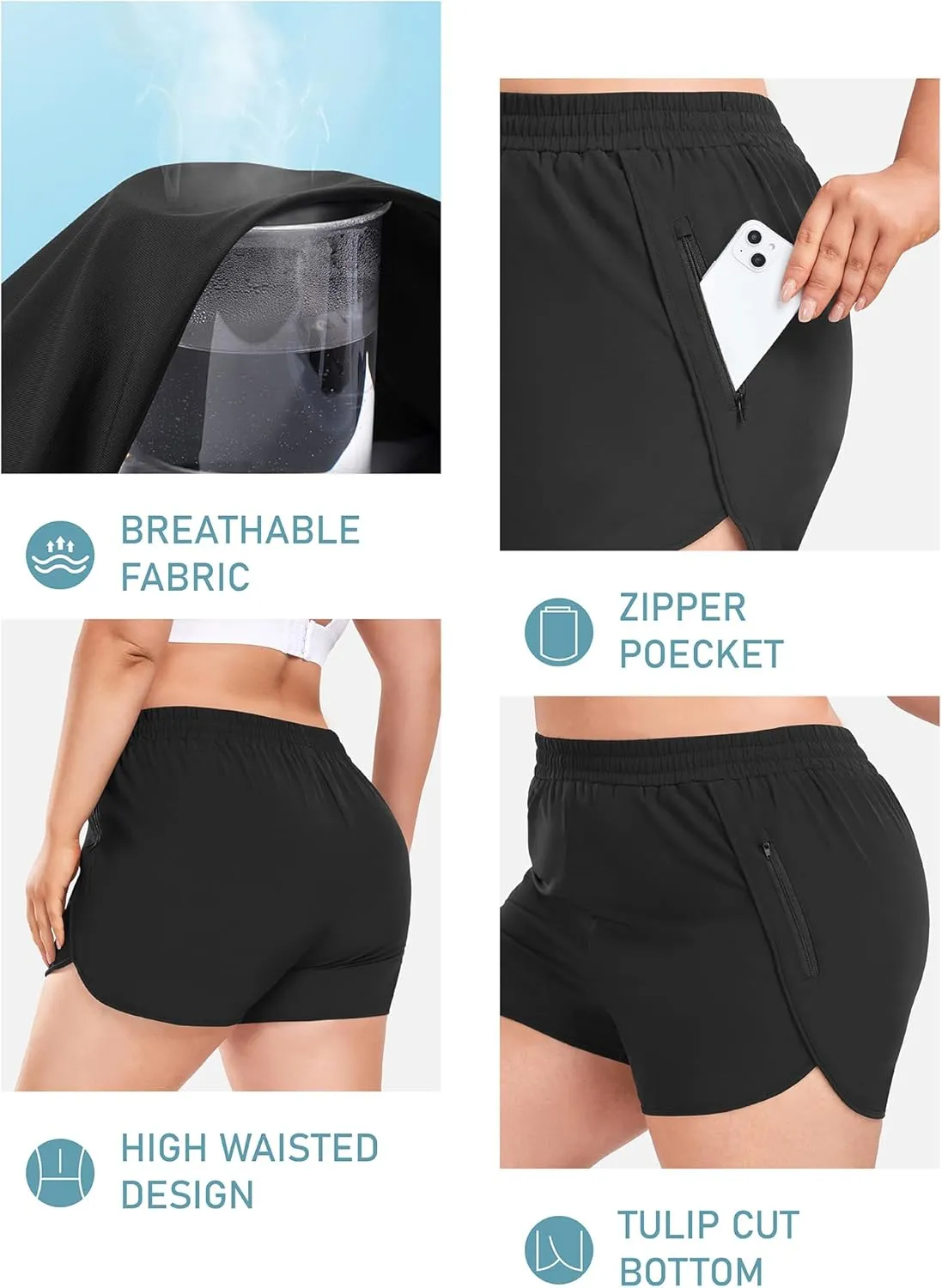COOTRY Women's Athletic Shorts Plus Size High Waisted Quick Dry Gym Running Workout Clothes with Zip Pockets 3 Inch