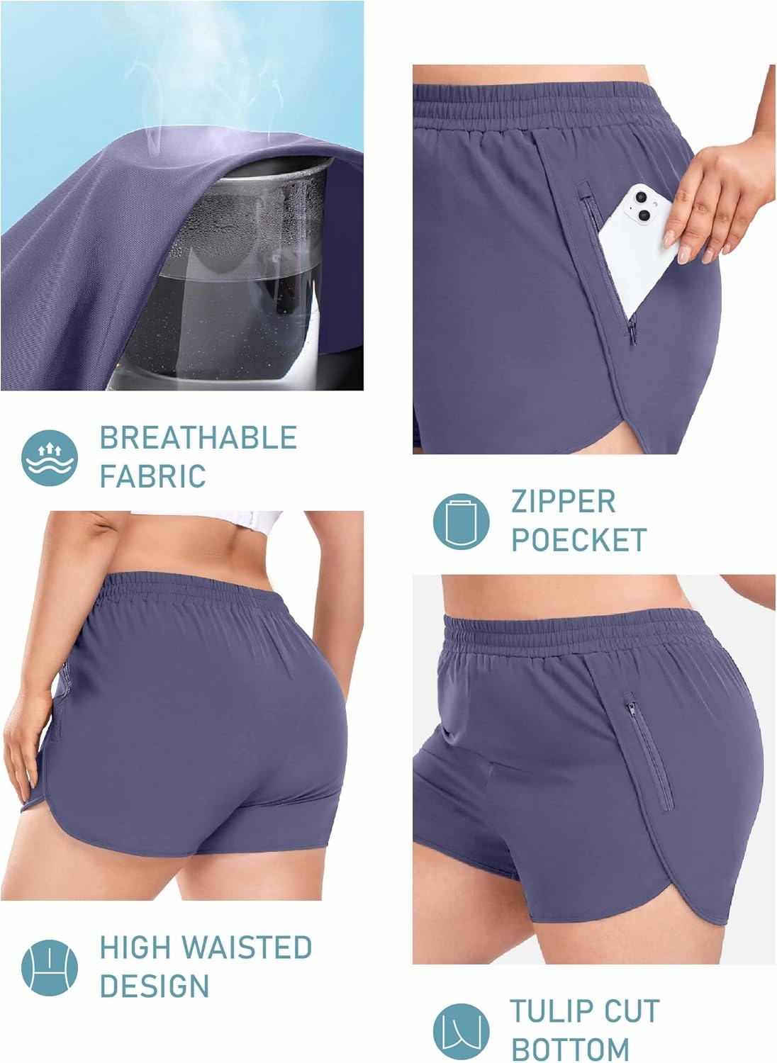 COOTRY Women's Athletic Shorts Plus Size High Waisted Quick Dry Gym Running Workout Clothes with Zip Pockets 3 Inch