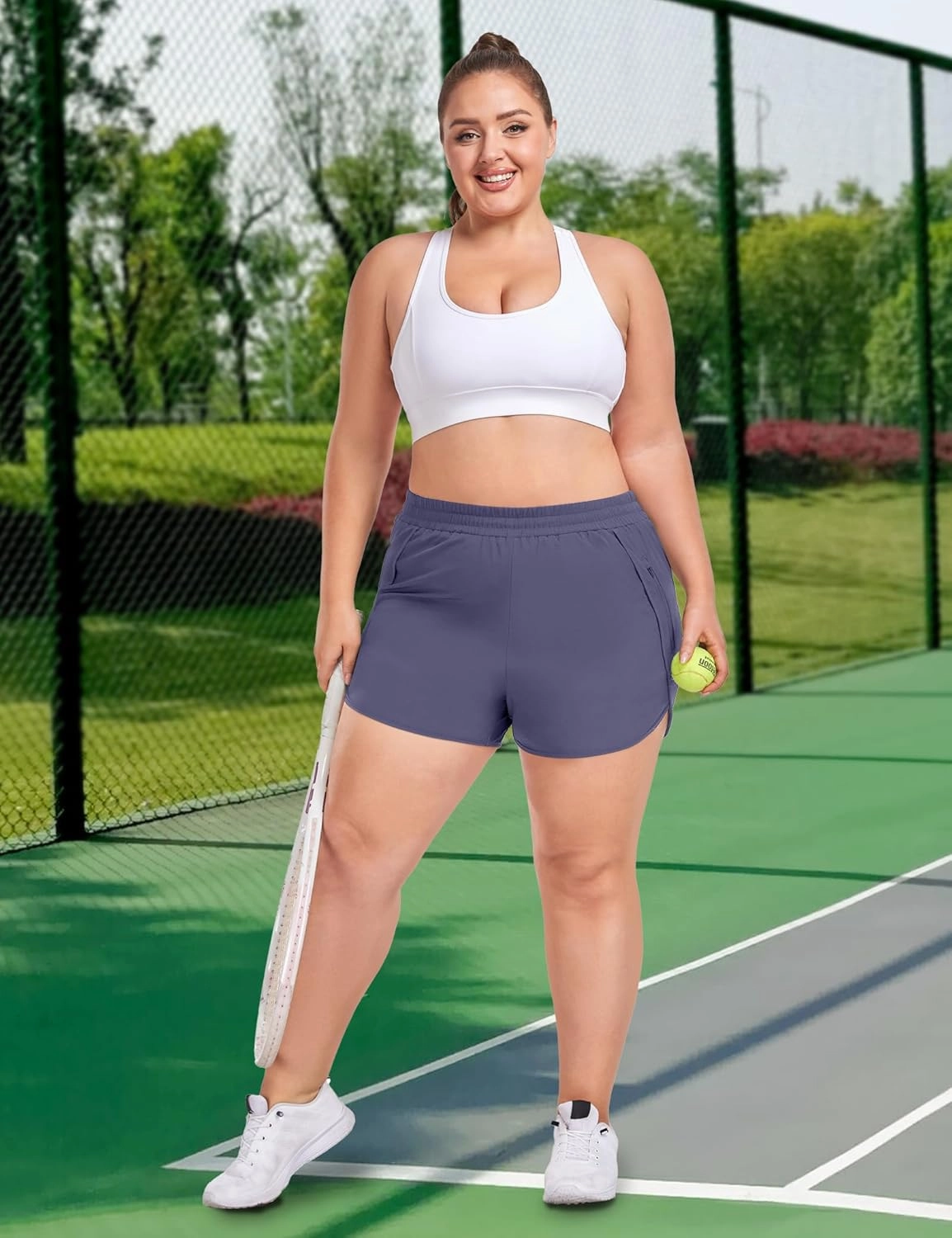 COOTRY Women's Athletic Shorts Plus Size High Waisted Quick Dry Gym Running Workout Clothes with Zip Pockets 3 Inch