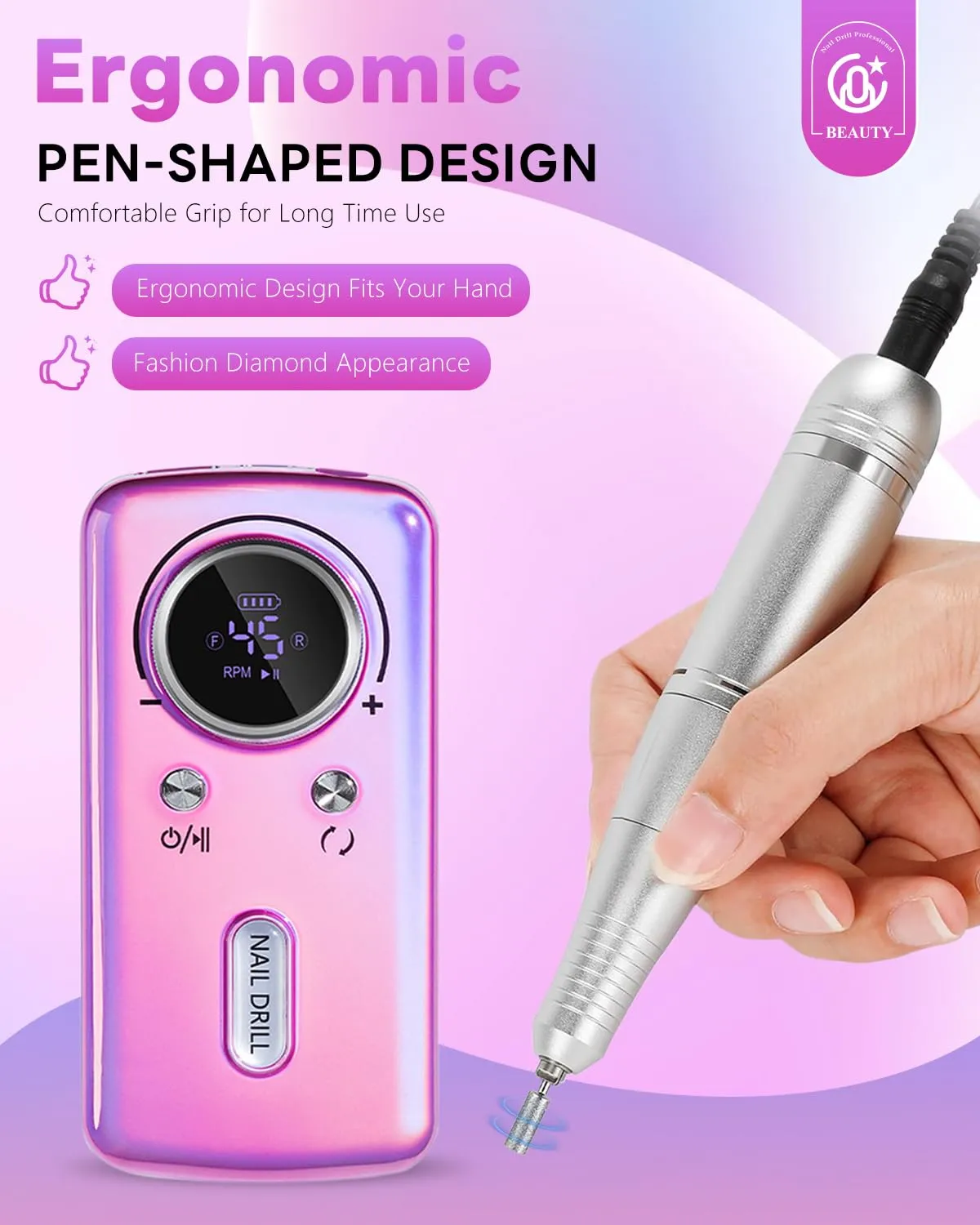 Cordless Nail Drill Professional: 45000 RPM Rechargeable Electric Nail File Kit, Portable & Low Noise for Acrylic, Gel Nails, Manicure & Pedicure - Salon & Home Use (Dazzle Plus)