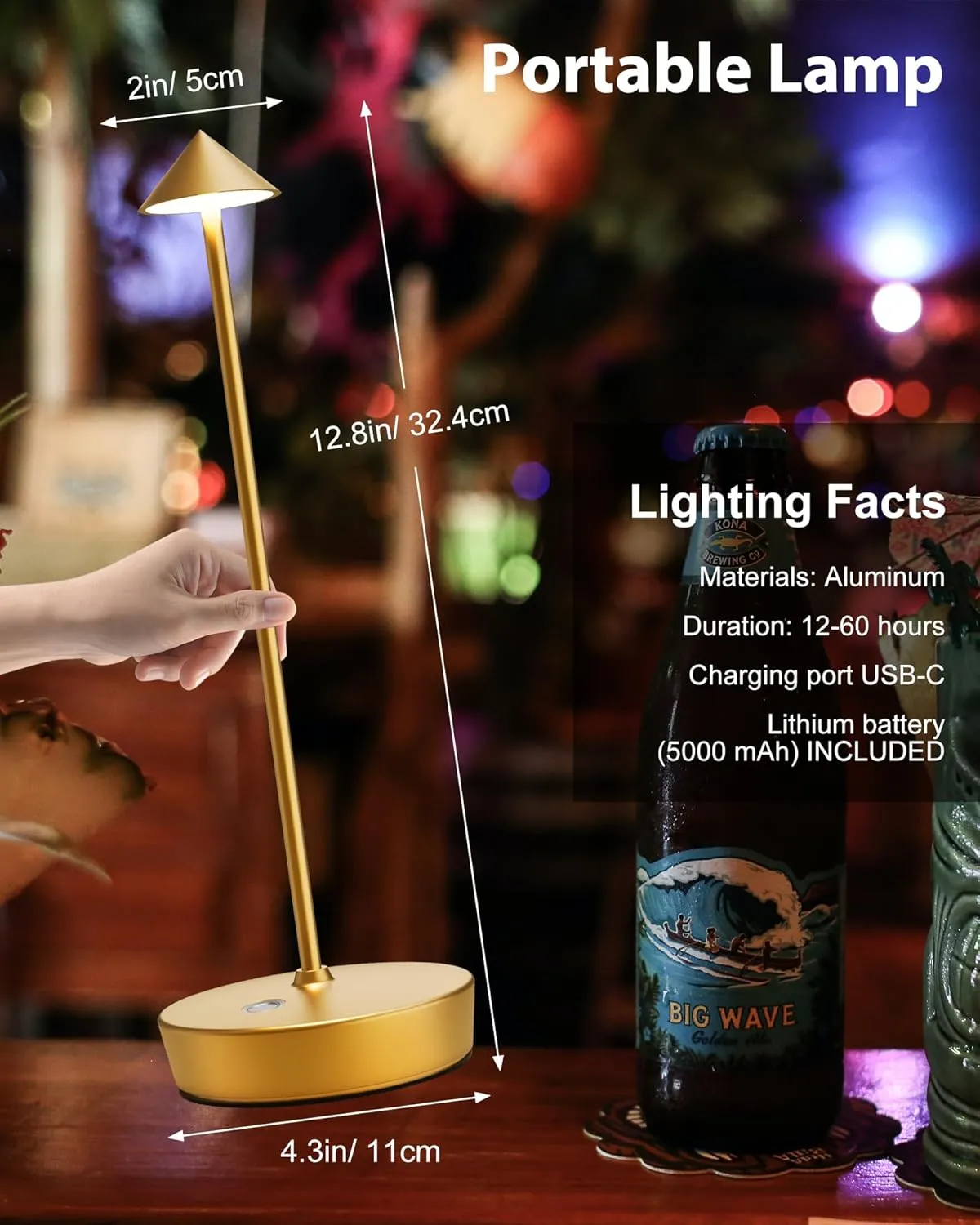 Cordless Table Lamps Rechargeable, 6000mAh Battery Operated LED Desk Lamp Outdoor Waterproof Portable Touch Dimmable Table Night Light for Patio Restaurant Dining Home Set of 2 Gold