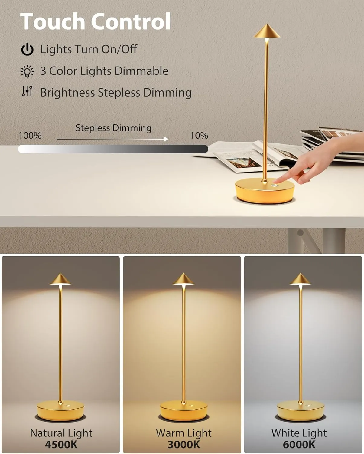 Cordless Table Lamps Rechargeable, 6000mAh Battery Operated LED Desk Lamp Outdoor Waterproof Portable Touch Dimmable Table Night Light for Patio Restaurant Dining Home Set of 2 Gold