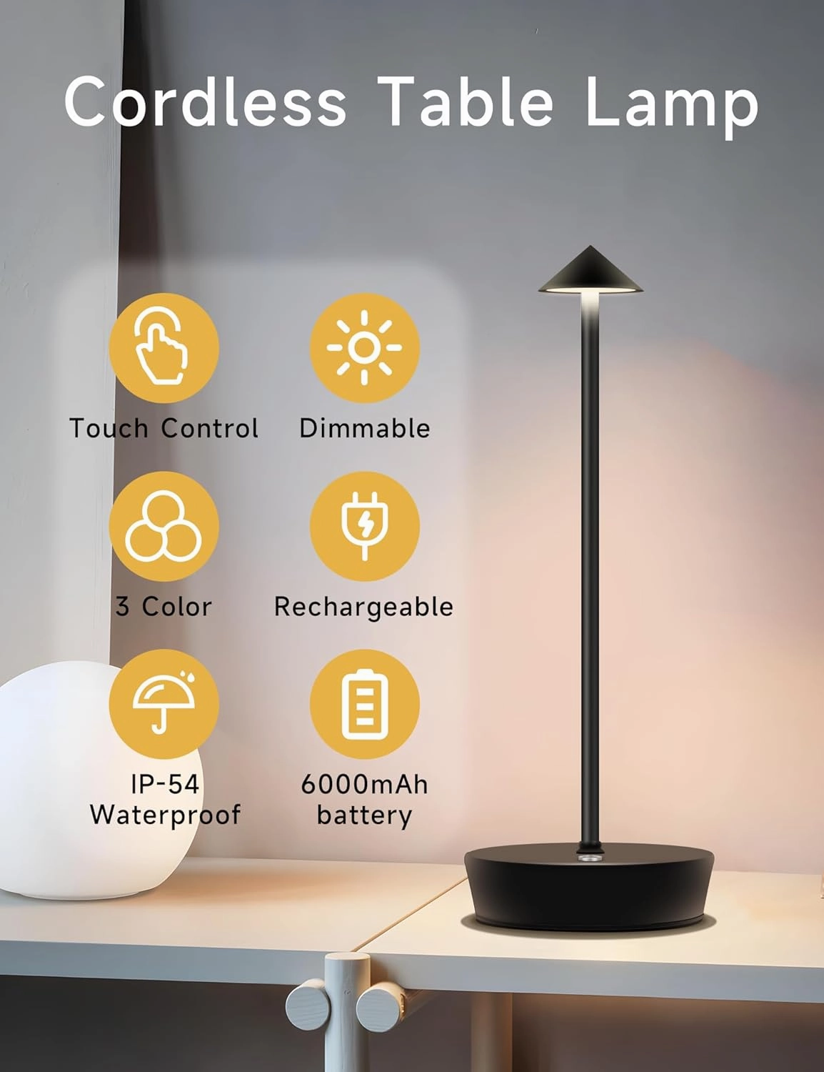 Cordless Table Lamps,LED Rechargeable Desk Lamp,Portable Modern USB Battery Operated Lights,Outdoor Waterproof Touch Dimmable,for Patio,Restaurant,Bar,Camping,Dining Home Set of 2 Black
