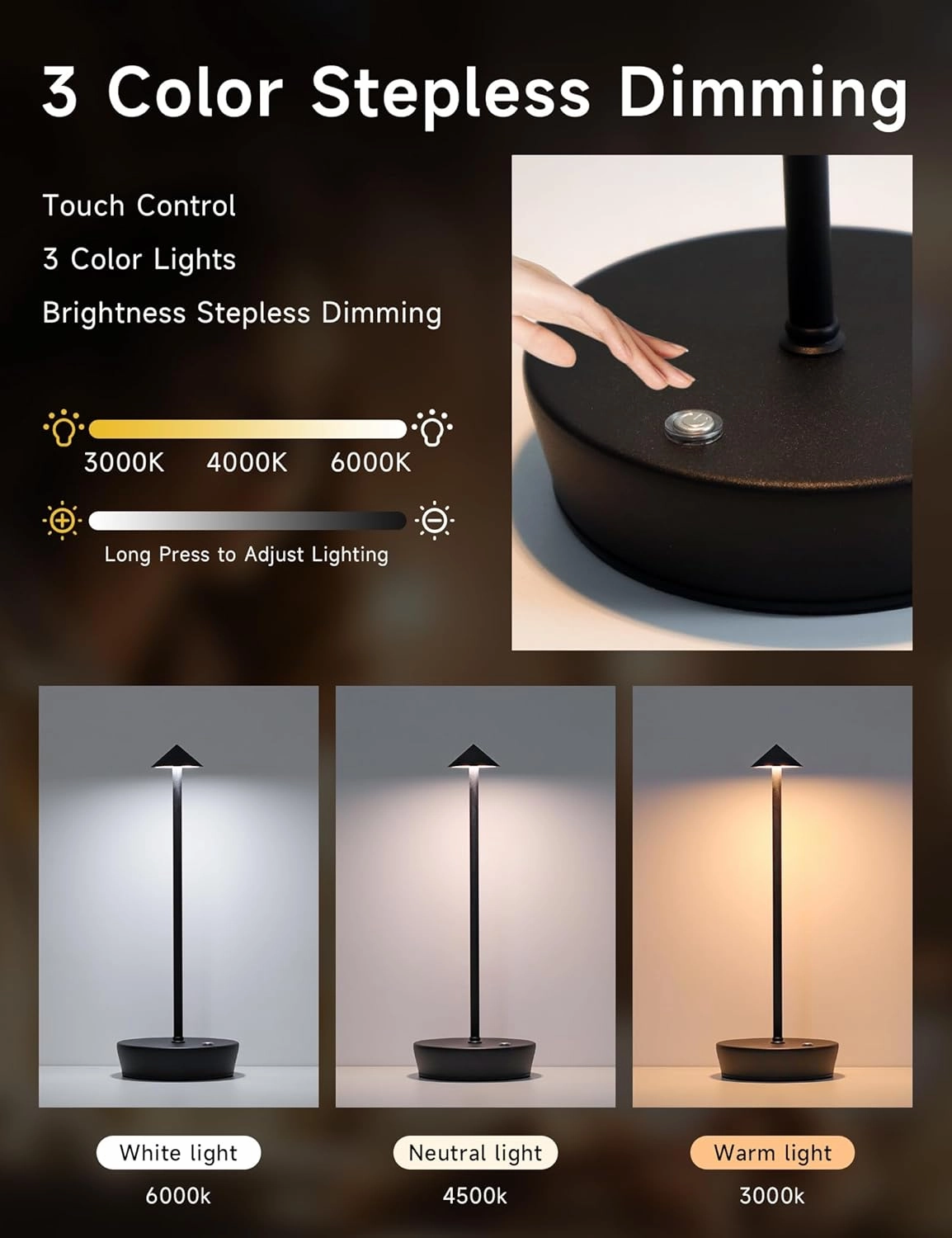 Cordless Table Lamps,LED Rechargeable Desk Lamp,Portable Modern USB Battery Operated Lights,Outdoor Waterproof Touch Dimmable,for Patio,Restaurant,Bar,Camping,Dining Home Set of 2 Black