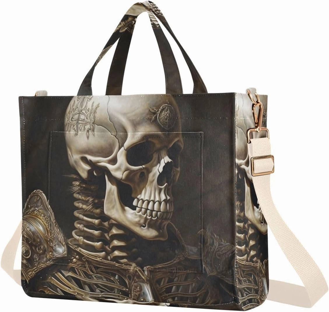 Corduroy Women Tote Bag, Handbag Purse with Detachable Strap Skeleton Knight Print Small Size