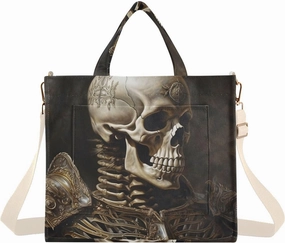 Corduroy Women Tote Bag, Handbag Purse with Detachable Strap Skeleton Knight Print Small Size