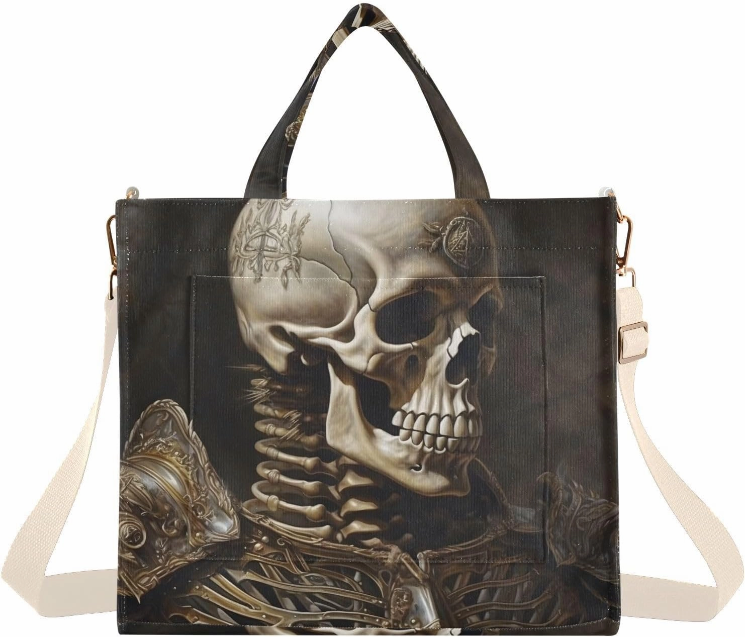 Corduroy Women Tote Bag, Handbag Purse with Detachable Strap Skeleton Knight Print Small Size