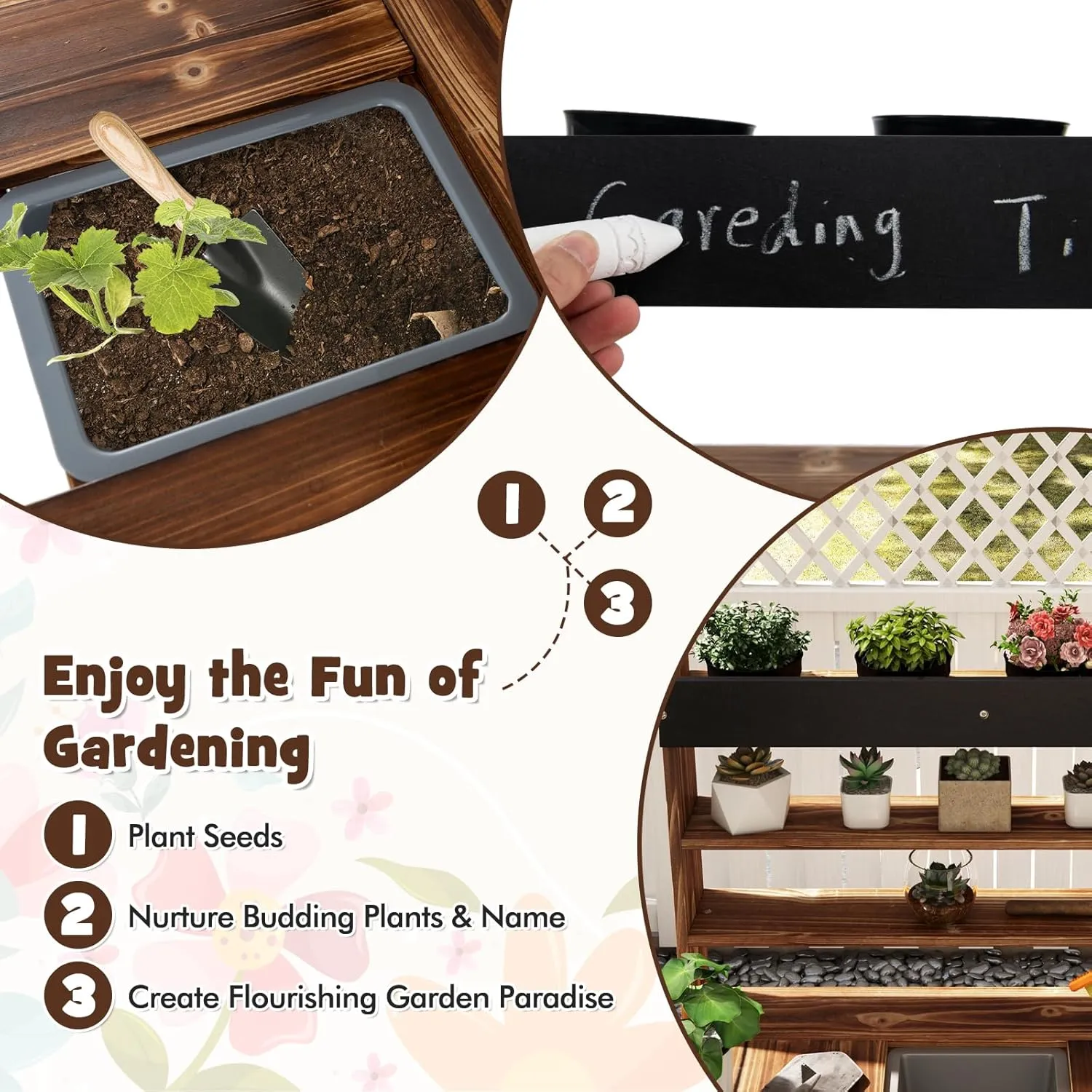 Costzon Kids Potting Bench, Wood Toy Gardening Center with 4 Pots, Chalkboard, Removable Sink, Storage Shelves, Mud Kitchen for Kids Outdoor Play Kitchen, Gift for Boys Girls 3 