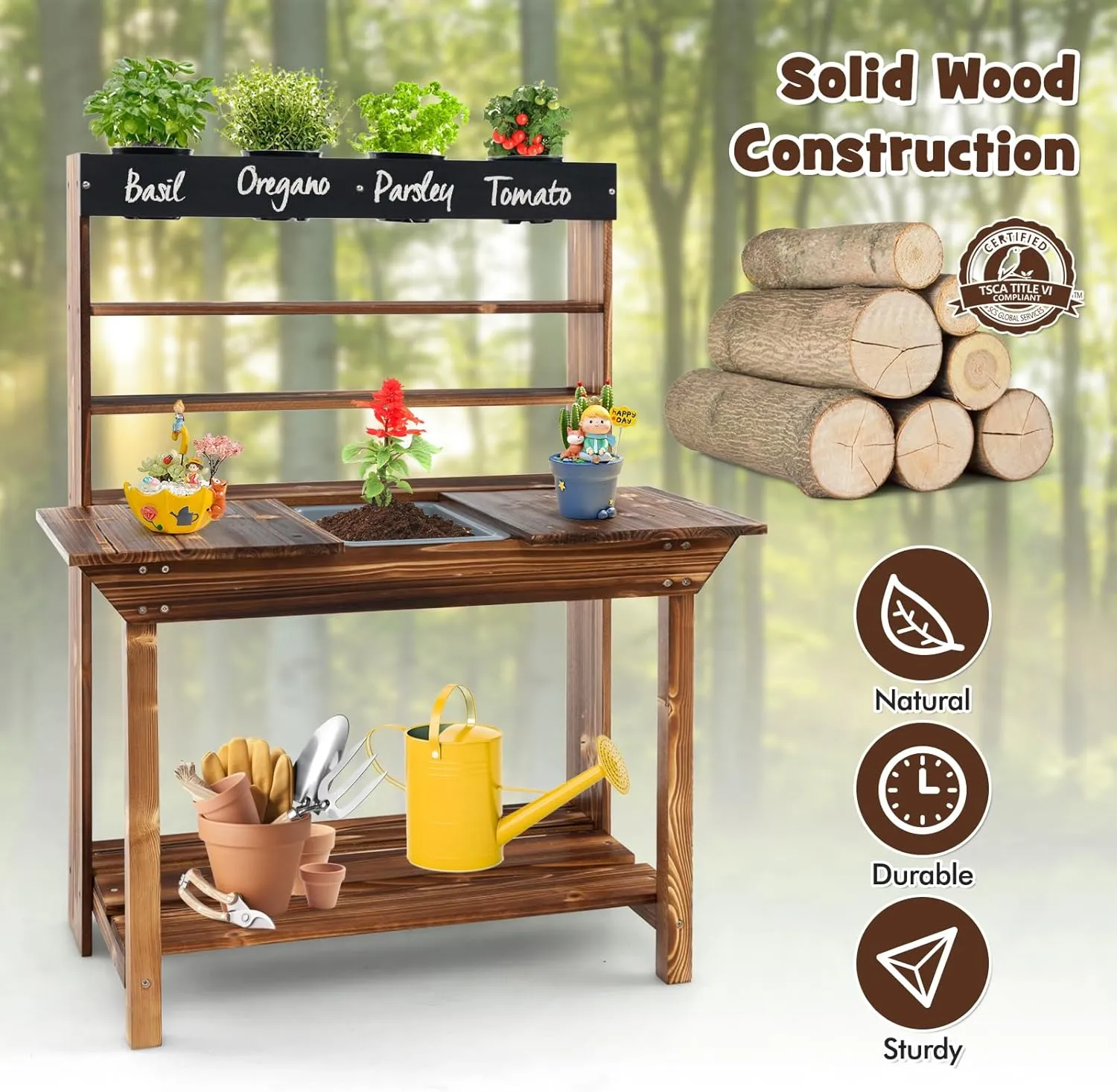 Costzon Kids Potting Bench, Wood Toy Gardening Center with 4 Pots, Chalkboard, Removable Sink, Storage Shelves, Mud Kitchen for Kids Outdoor Play Kitchen, Gift for Boys Girls 3 