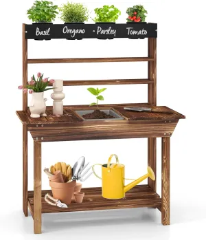 Costzon Kids Potting Bench, Wood Toy Gardening Center with 4 Pots, Chalkboard, Removable Sink, Storage Shelves, Mud Kitchen for Kids Outdoor Play Kitchen, Gift for Boys Girls 3 