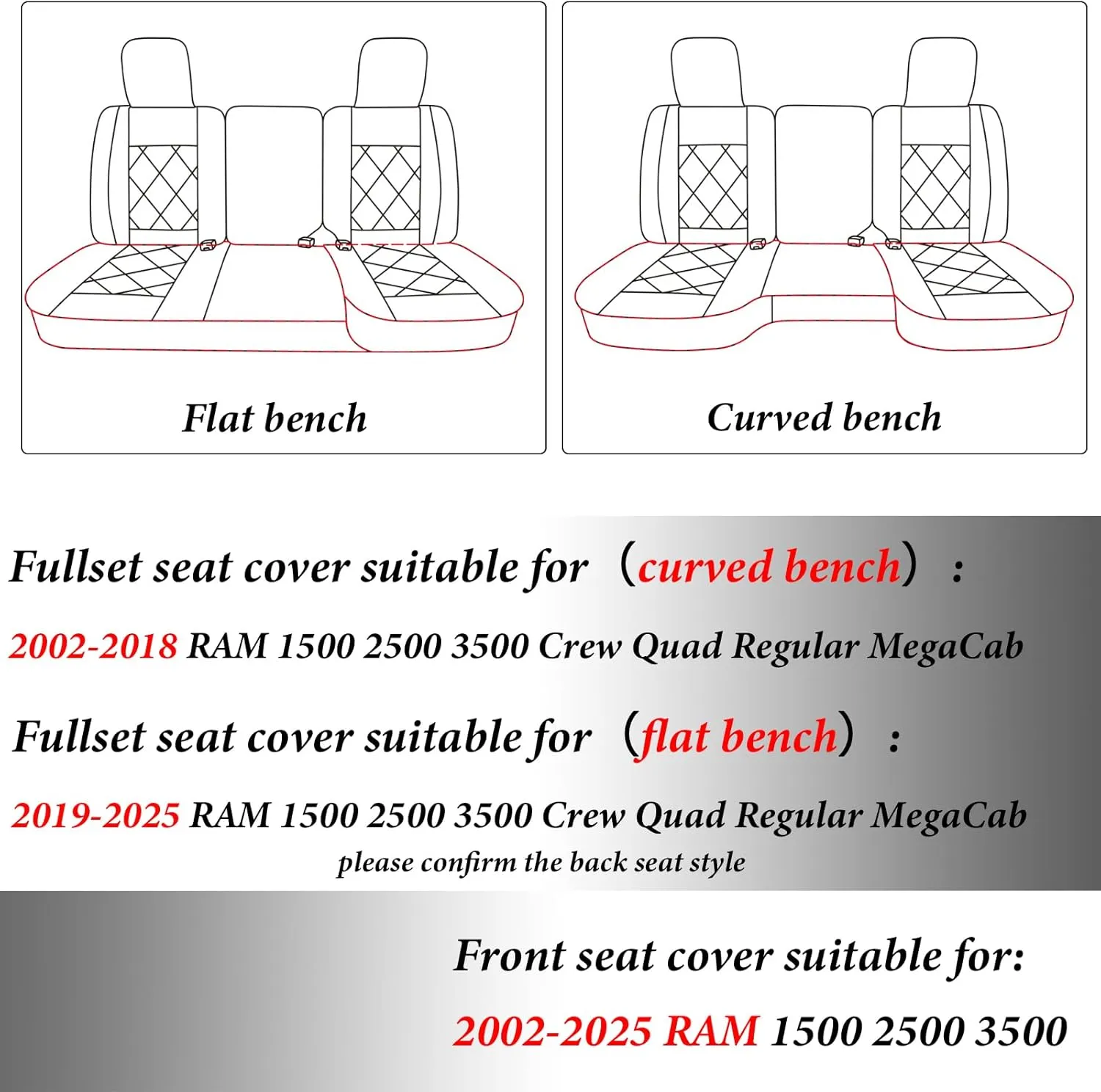 Coverado RAM Seat Cover Full Set, Leather Seat Covers Fit for Dodge RAM 1500, Truck Seat Covers Custom Fit for 2002-2025 Dodge RAM 1500 2500 3500 Crew Quad Cab with Curved Bench, Blue