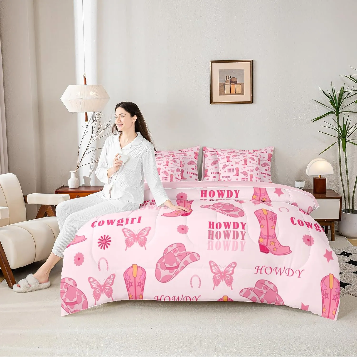 Cowgirl Boots 7 Pieces Bedding Set Queen,Western Tribal Horseshoe Cap Cowhide Print Bed in a Bag for Teens,Pink Butterfly Stars Daisy Flowers Graffiti Comforter Set with Sheets,Pillow Covers