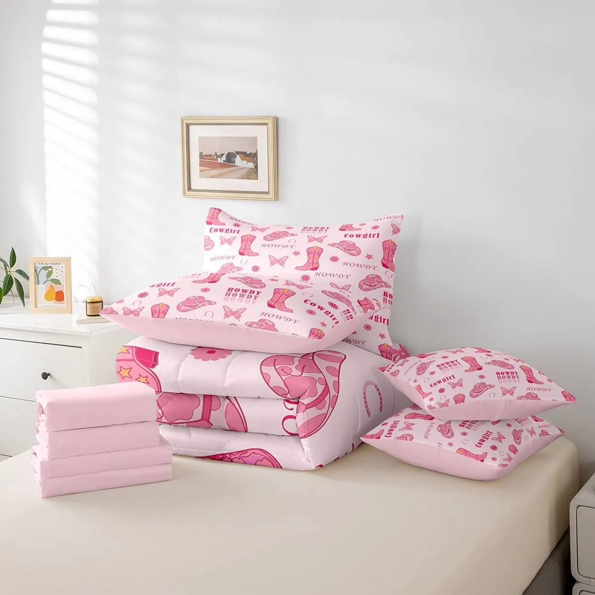 Cowgirl Boots 7 Pieces Bedding Set Queen,Western Tribal Horseshoe Cap Cowhide Print Bed in a Bag for Teens,Pink Butterfly Stars Daisy Flowers Graffiti Comforter Set with Sheets,Pillow Covers